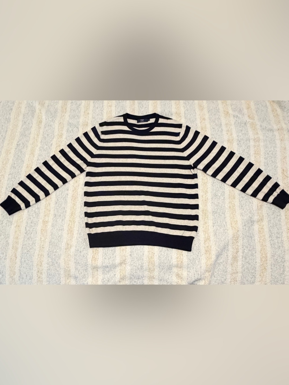 J. Crew Men's Black and Cream Striped Crewneck Sweater